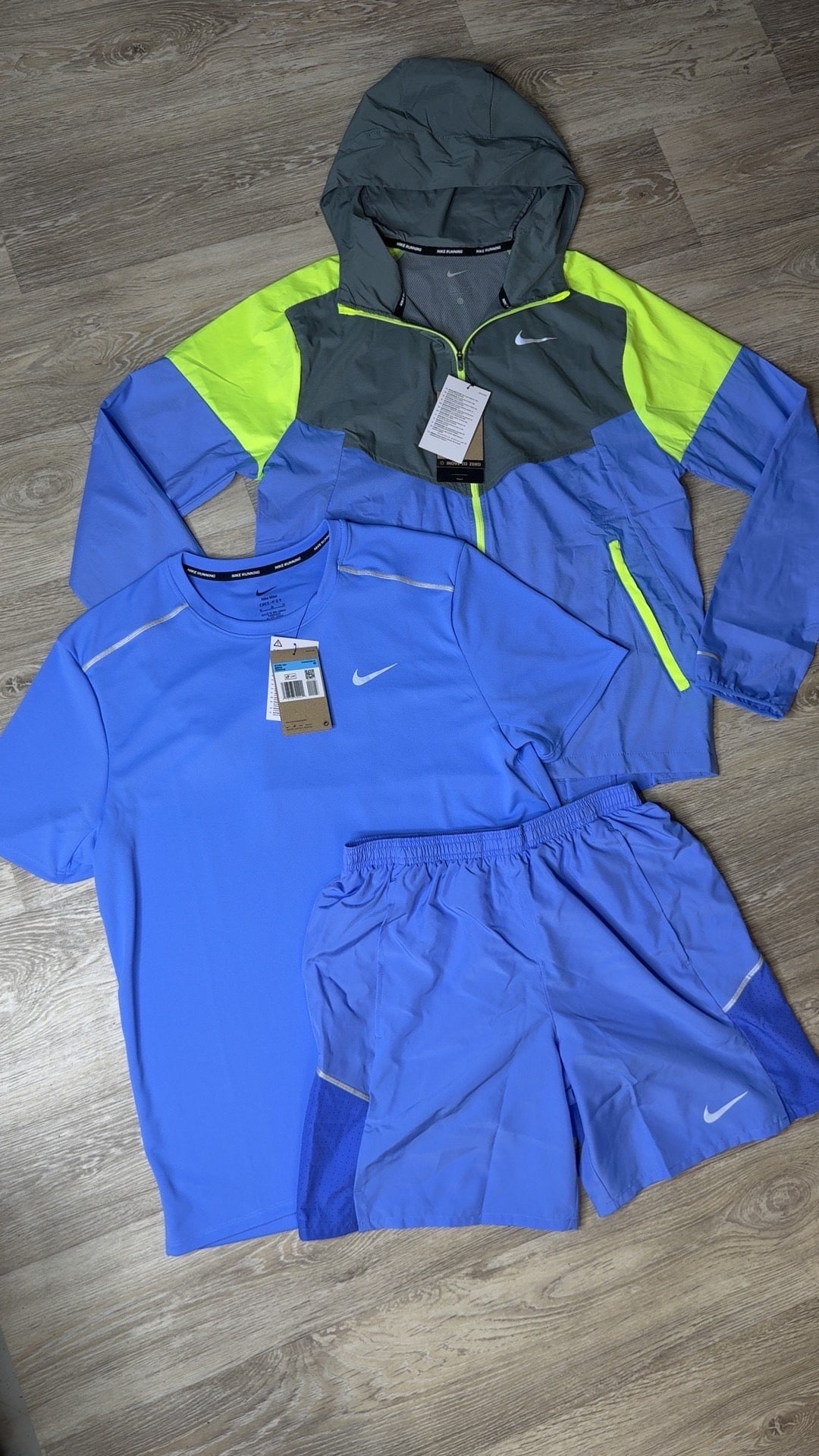 Nike Windrunner Jacket, Miler T-Shirt & Shorts 3 Piece Set in Blue / Neon / Grey