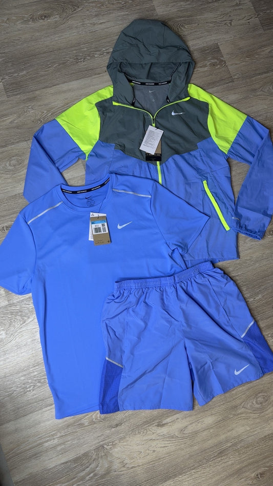 Nike Windrunner Jacket, Miler T-Shirt & Shorts 3 Piece Set in Blue / Neon / Grey