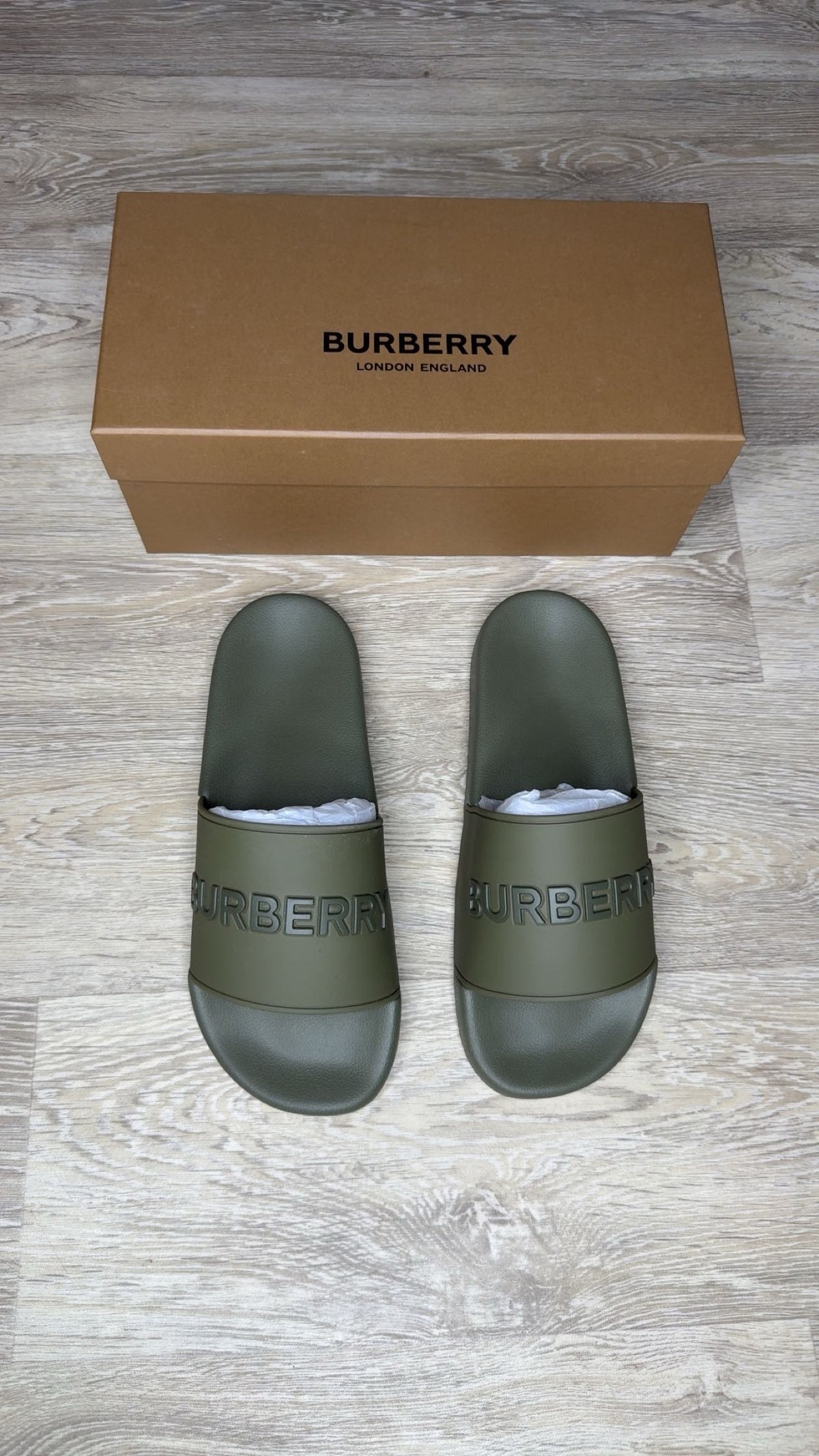 Burberry Logo Slides in Olive