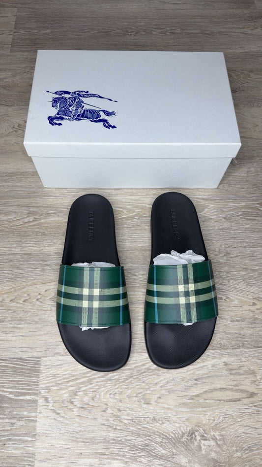 Burberry Check Slides in Tartan Green